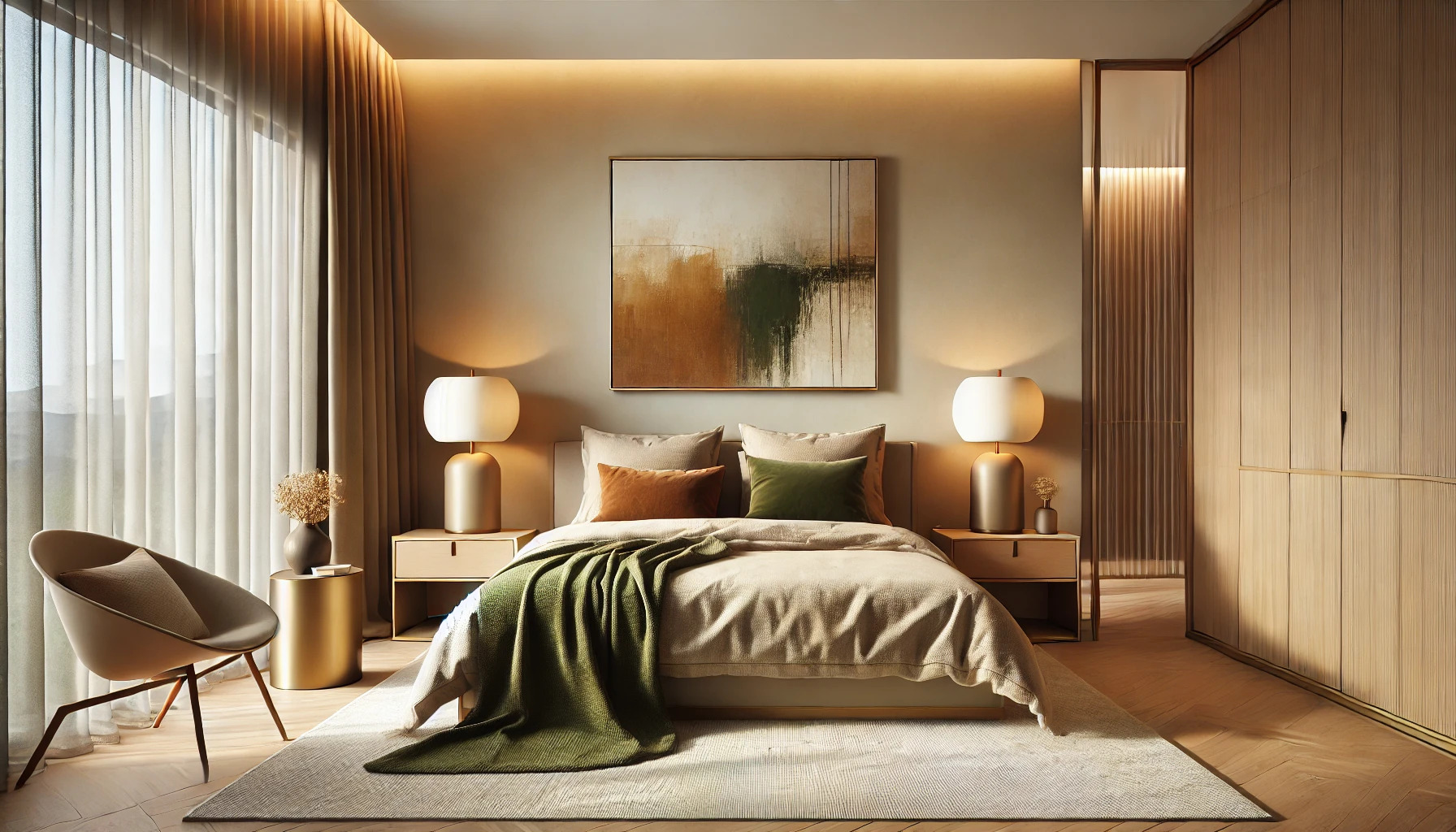 A modern romantic bedroom design featuring a warm beige color palette, a stylish bed with an olive green throw blanket, cozy lighting, and minimalist decor for an elegant and intimate atmosphere.