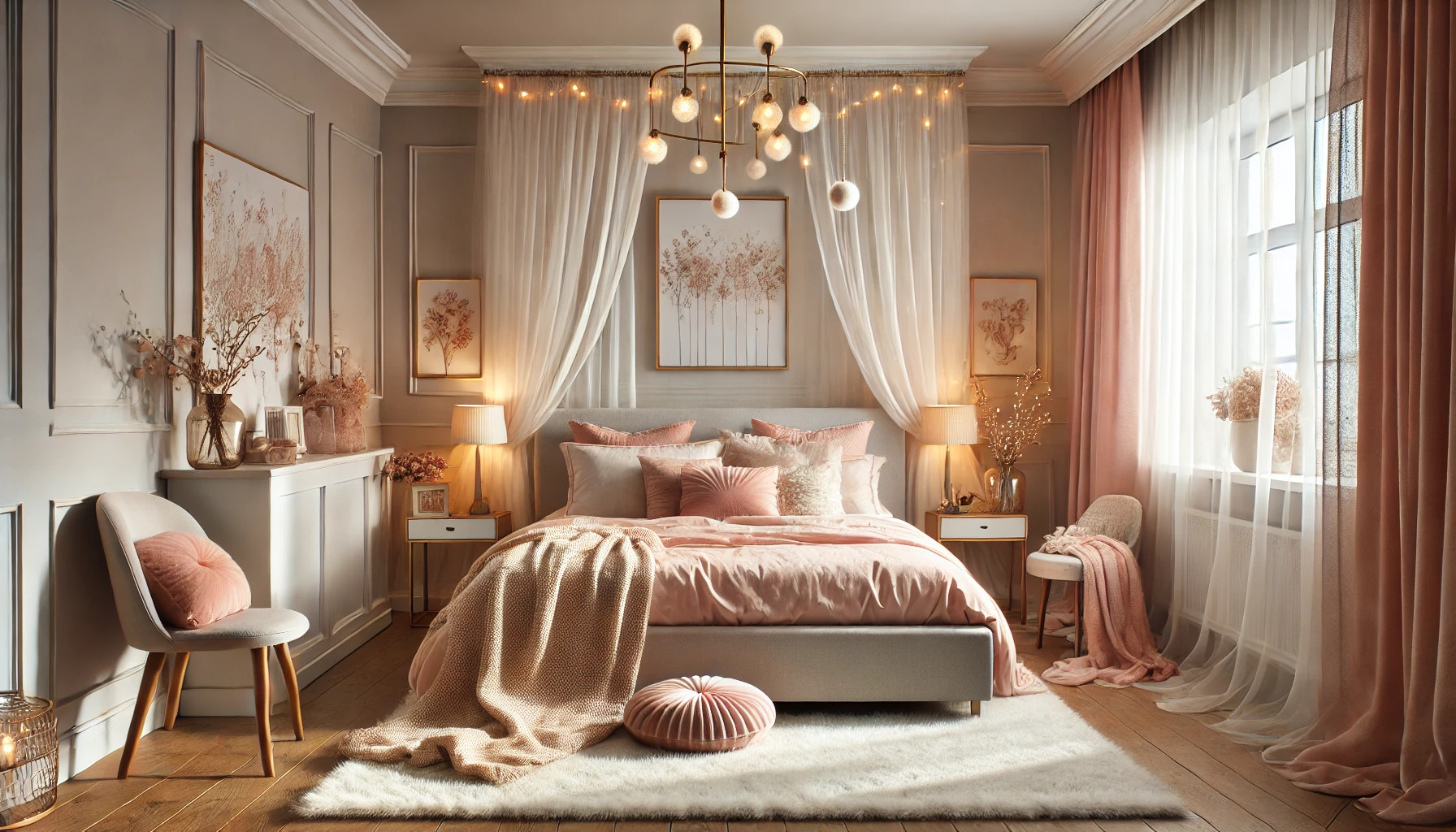 Romantic bedroom decor with blush pink bedding, fairy lights, and a cozy ambiance.